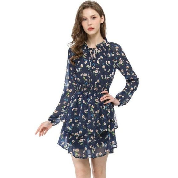 Allegra K Women Floral Chiffon Mini Dress Smocked Waist Ruffle Layers Blue SZ XS - Picture 1 of 10